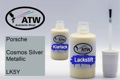 Porsche, Cosmos Silver Metallic, LK5Y: 20ml Lackstift + 20ml Klarlack - Set, von ATW Autoteile West.